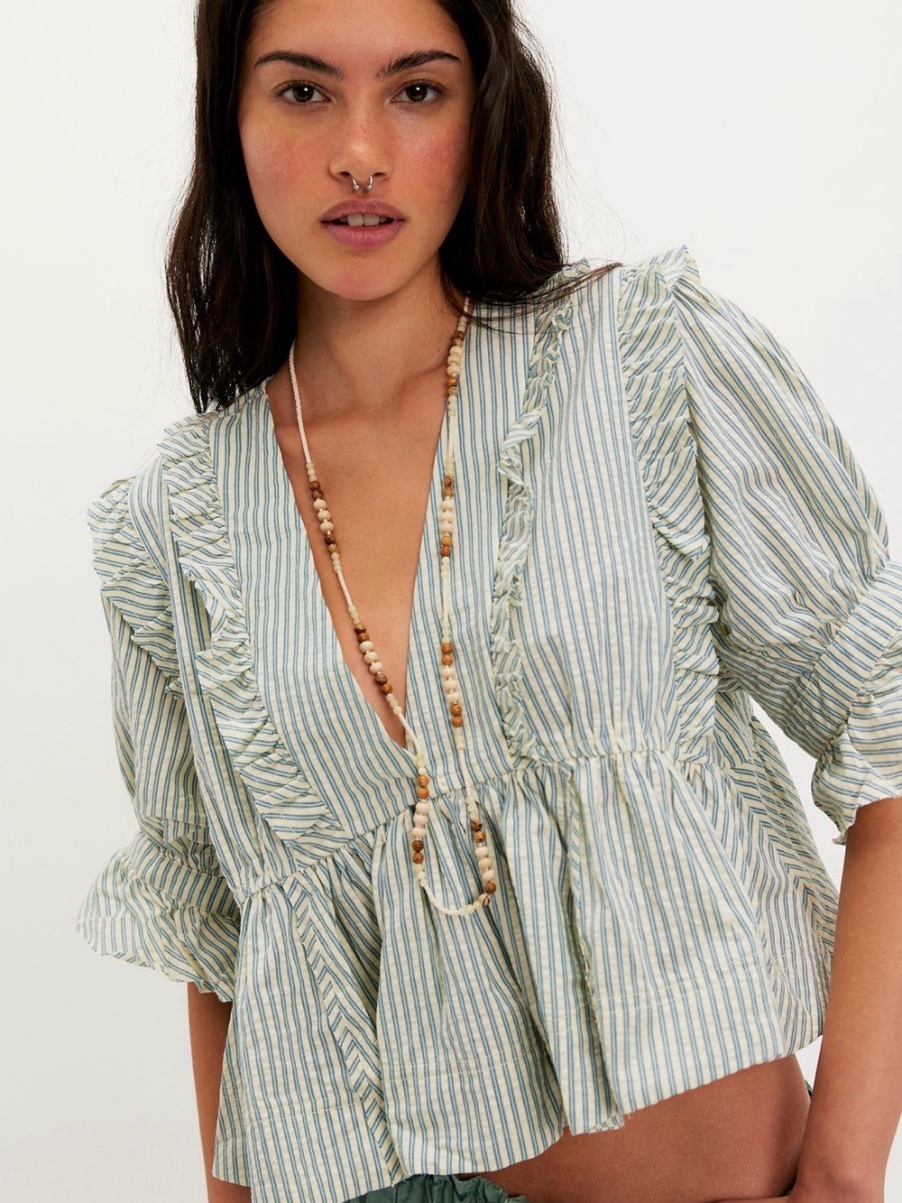 Free People Blue and Cream Striped Ruffle Peplum Blouse